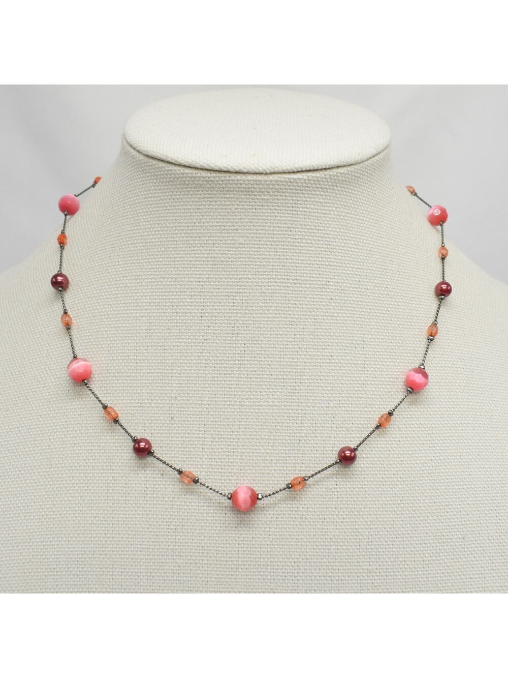 Anne Klein Station Necklace Peach Crystal Beads Pink Cat Eye Maroon Pearl Boho